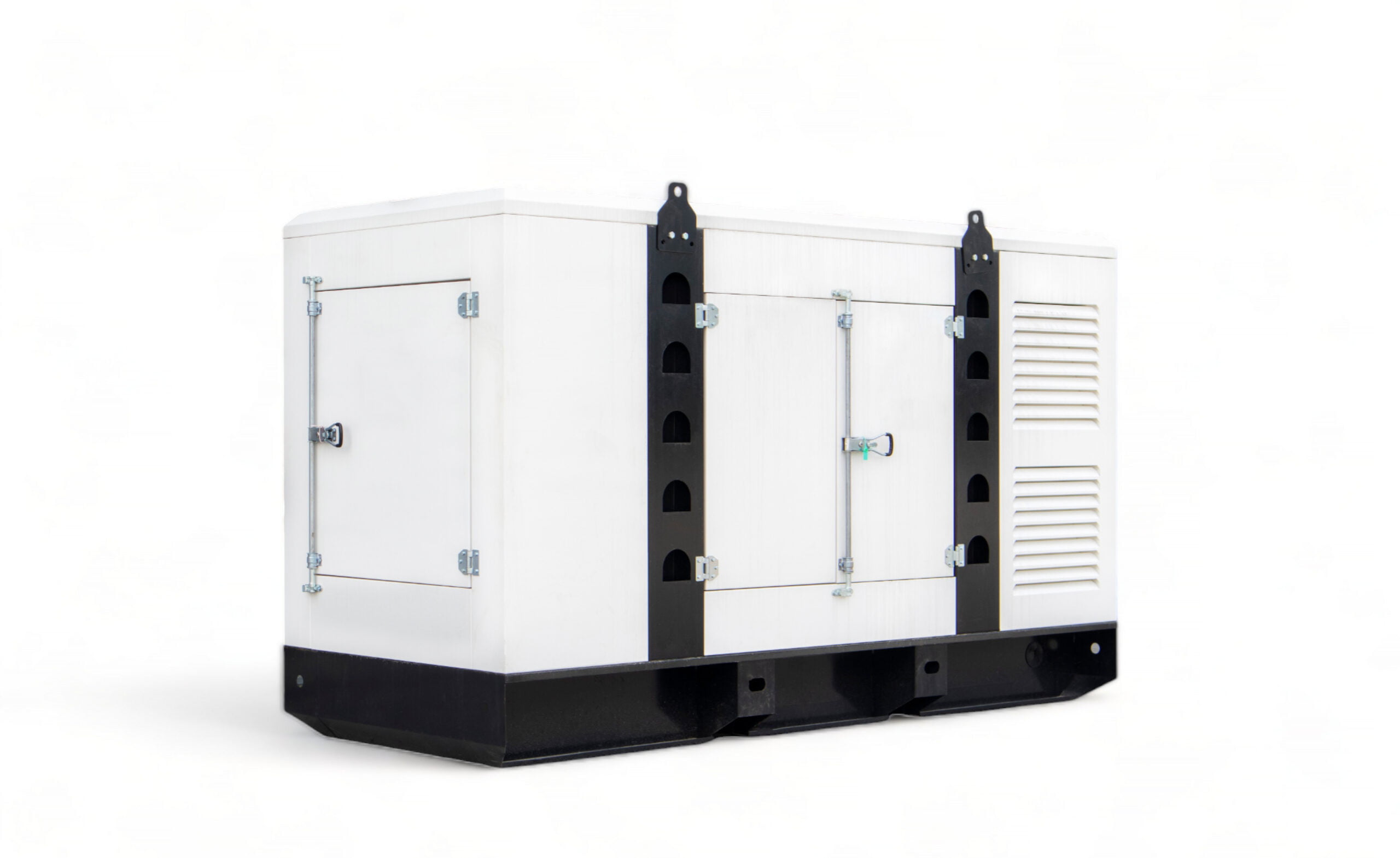 Sundance Equipment Sales. SES. Mobile and standby industrial white auxiliary diesel generator for emergency power supply isolated on a white background. Generator backup power. For emergency use of electricity.